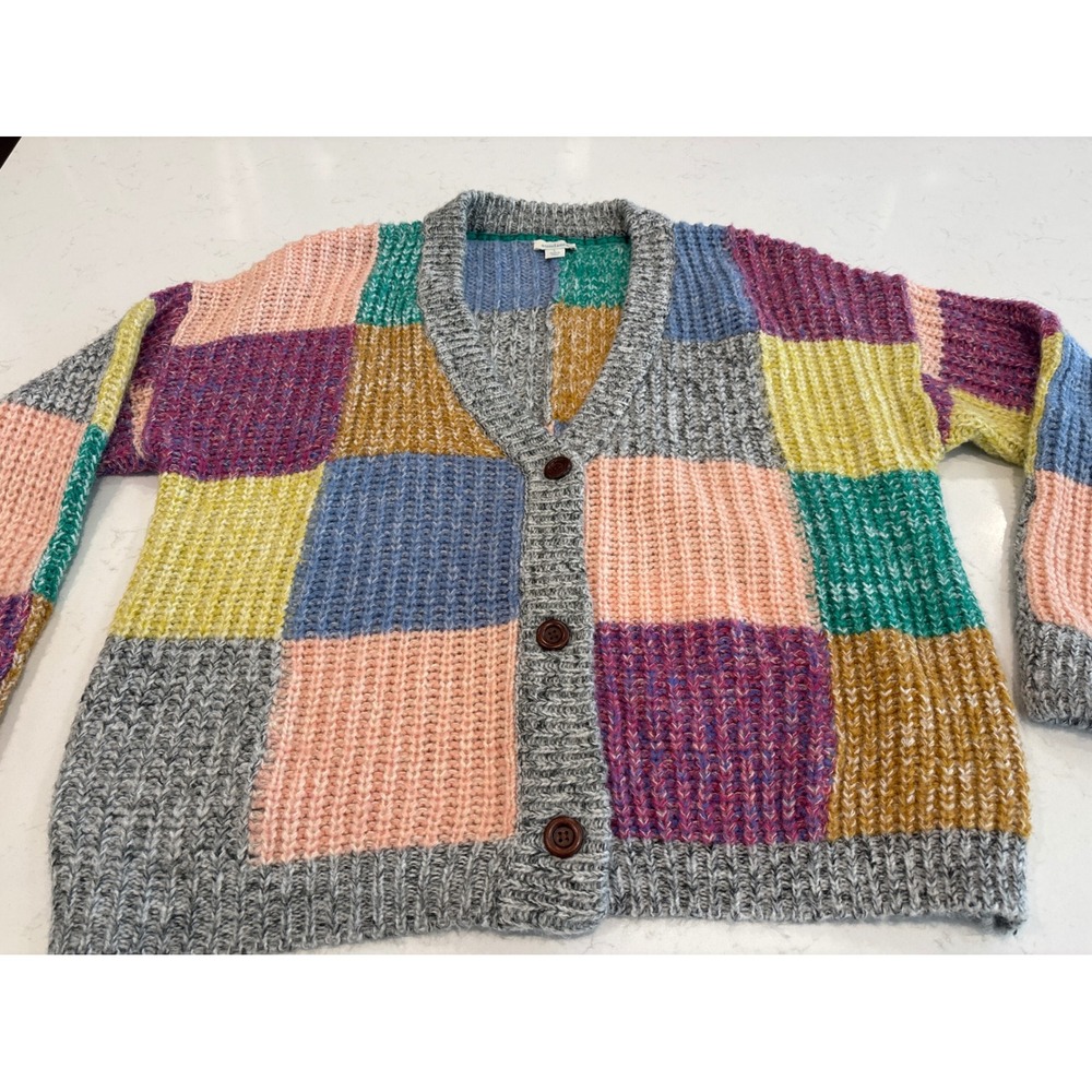 Sundance Women Patchwork Chunky Knit Cardigan Sweater Wool Blend Multi-Color L